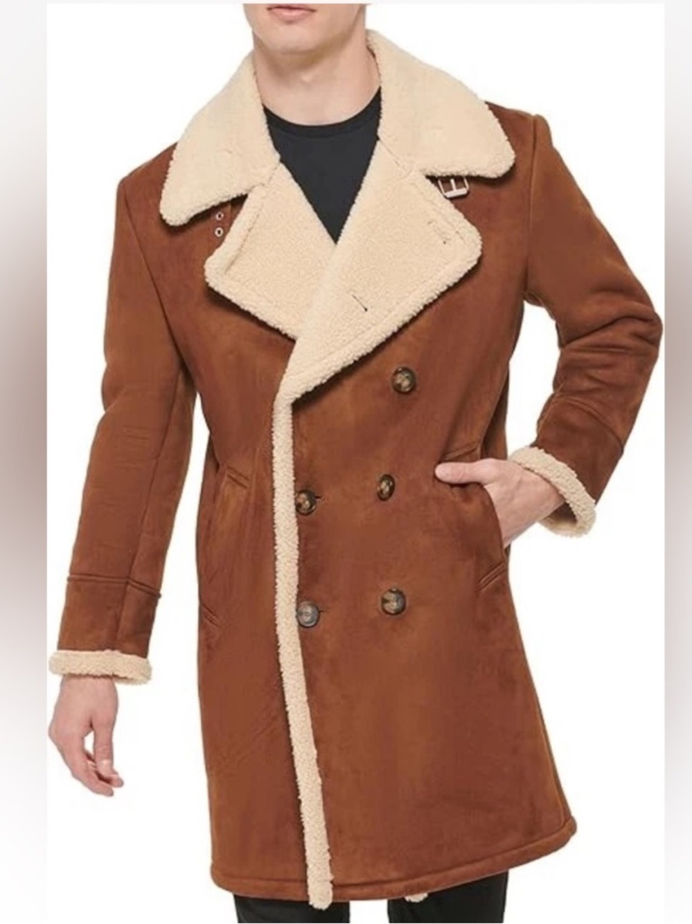 NWT $350 GUESS Men’s XXL Brown Faux Shearling Suede Overcoat Double Breasted